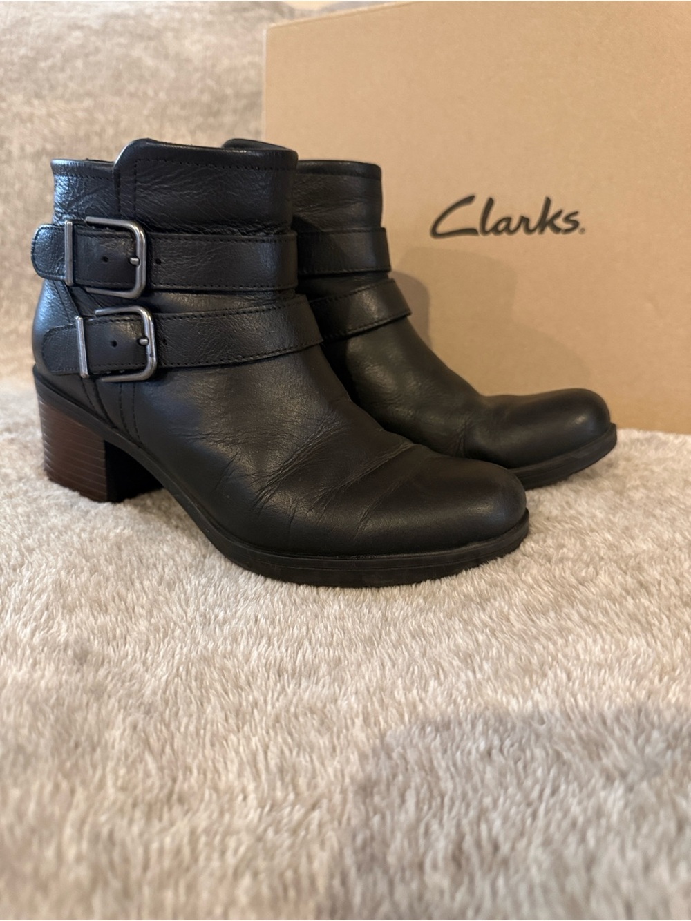 Clarks Black Leather Double-Buckle Ankle Booties